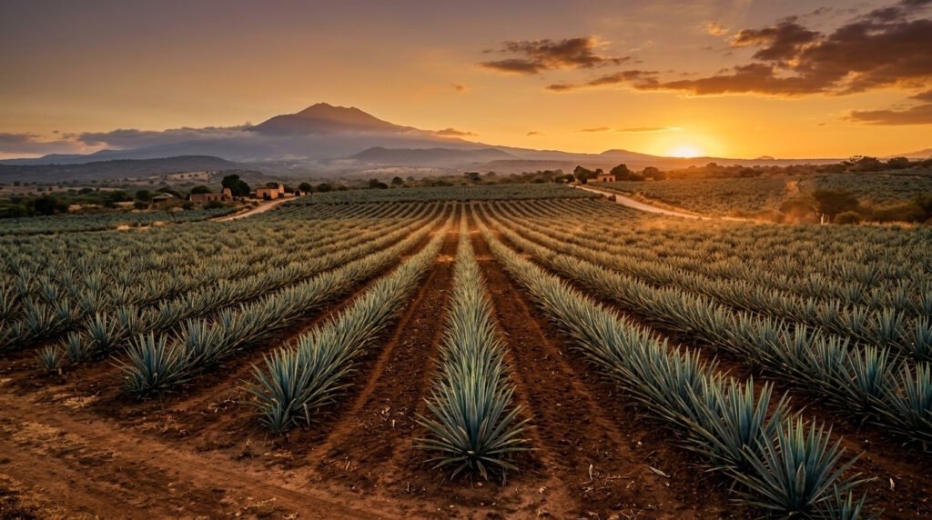 Vasto campo de agave azul iluminado pelo pôr do sol em Jalisco, México, ilustrando a origem, a história e o terroir da verdadeira tequila no Lifestyle Reserve.
