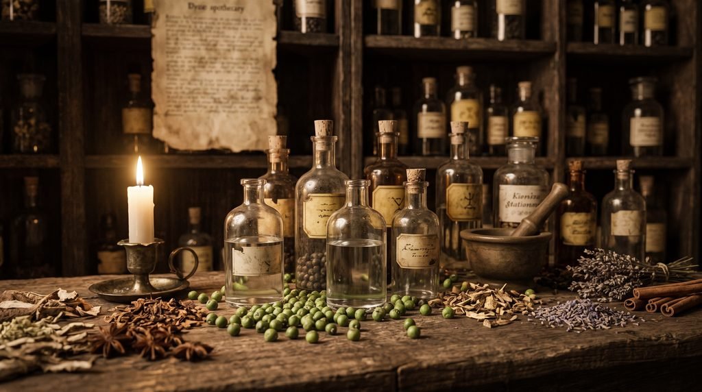 Garrafas antigas de boticário com zimbro, ilustrando a origem medicinal na história do gin.