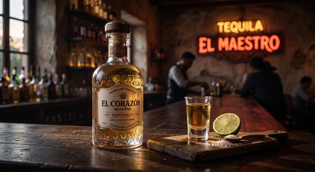 Garrafa de tequila reposado premium, copo caballito, sal grosso e limão sobre um balcão rústico de madeira com iluminação dramática, no Lifestyle Reserve.