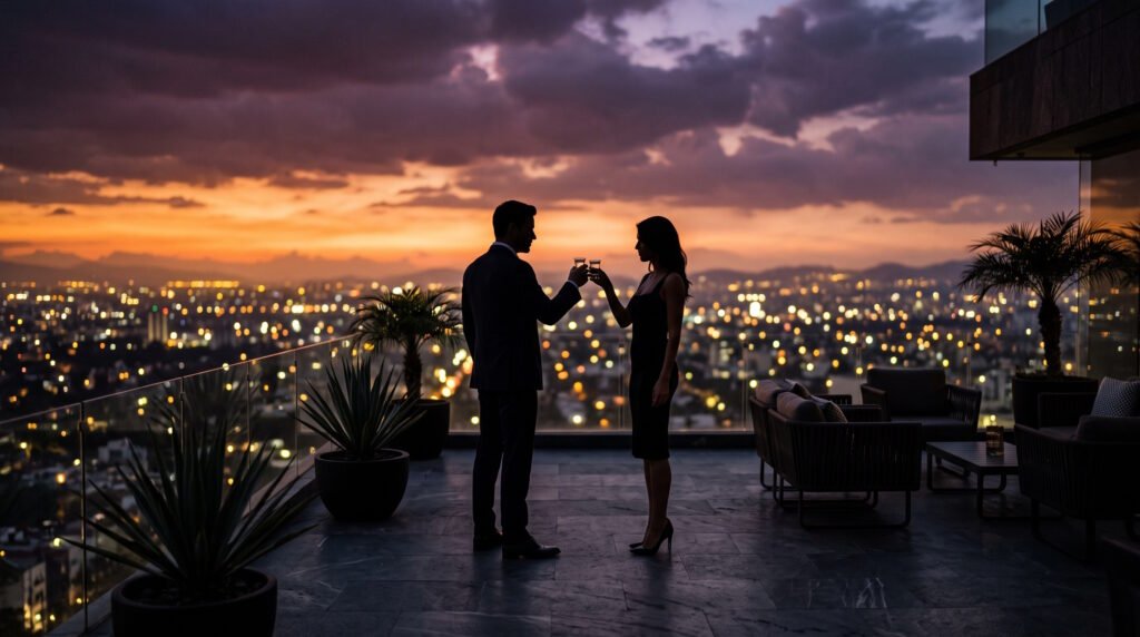 Silhueta elegante de duas pessoas brindando com copos de tequila em um terraço noturno com as luzes da cidade ao fundo, representando a sofisticação de Hollywood no Lifestyle Reserve.