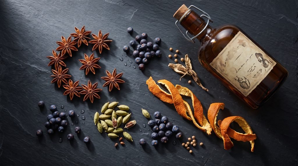 Ingredientes botânicos como zimbro e especiarias usados na destilação de um bom London Dry Gin