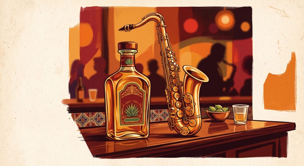 Ilustração vintage em tons quentes e dourados de um saxofone e uma garrafa de tequila, simbolizando a harmonização do destilado com a cultura do jazz no Lifestyle Reserve.
