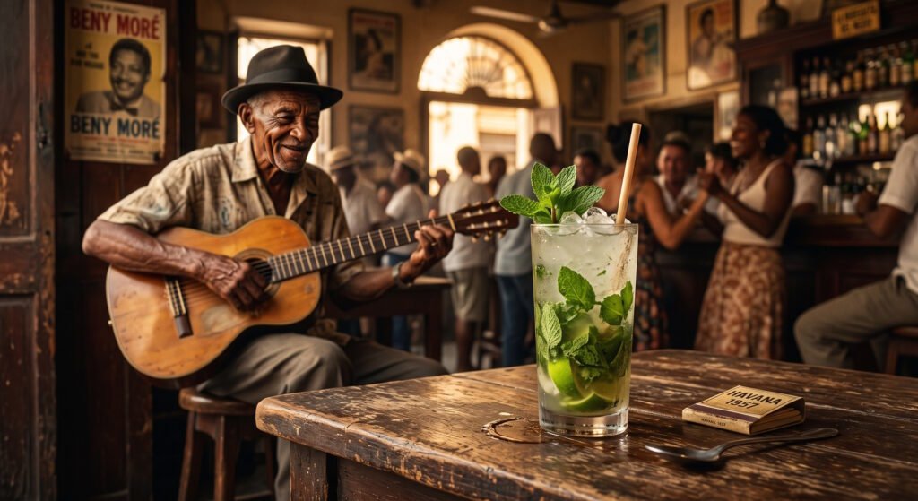 Copo de Mojito clássico em um bar vintage de Havana com músico tocando violão ao fundo, representando o clima do Buena Vista Social Club.