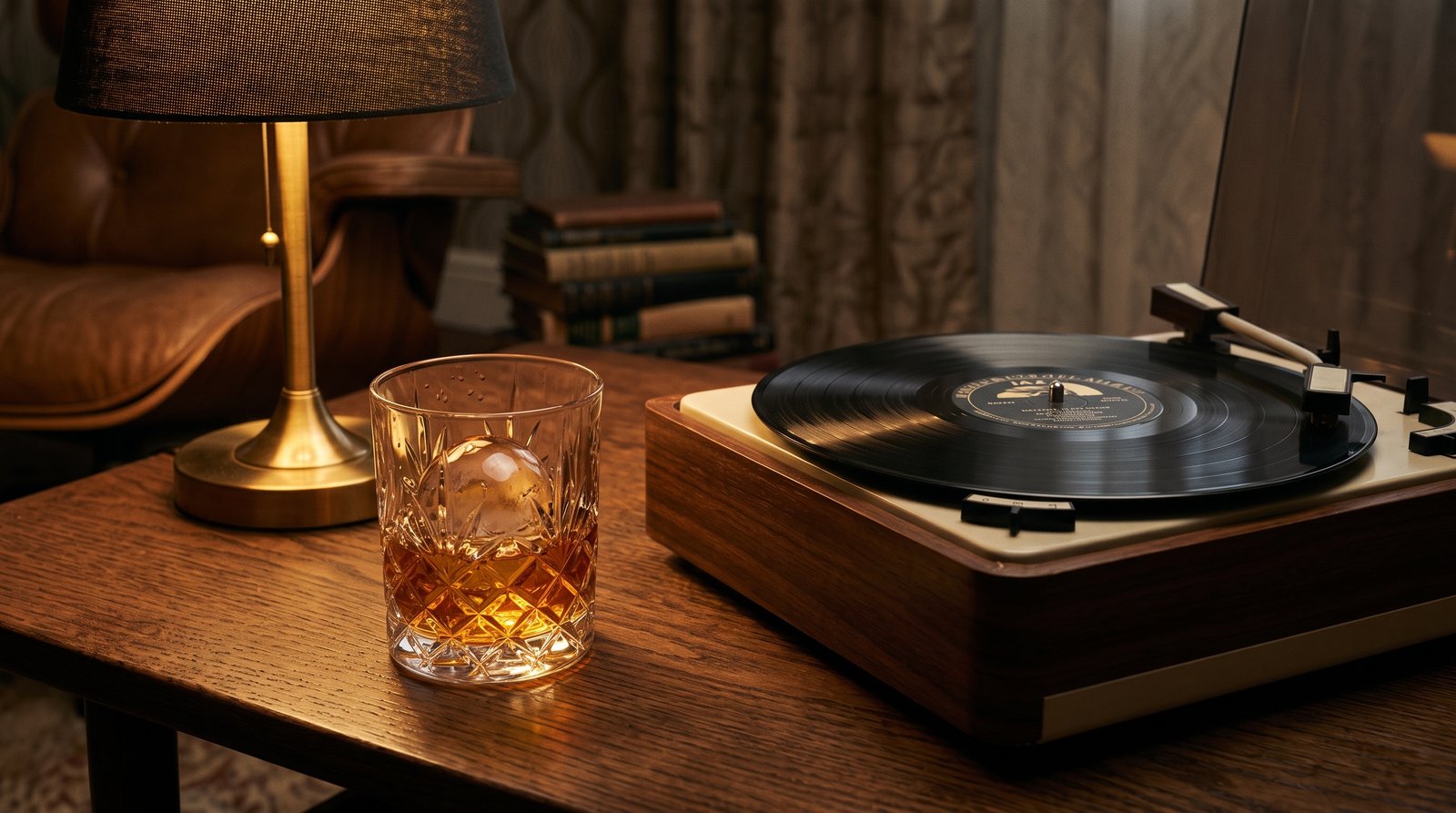Copo de cristal com whisky escocês ao lado de vitrola de vinil representando whiskies de prestígio