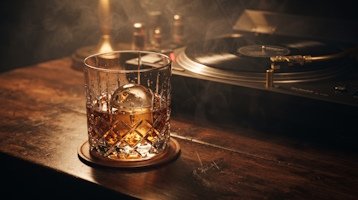 Copo de cristal com whisky e gelo esférico ao lado de um toca-discos de vinil, representando o conceito e a cultura de destilados do Lifestyle Reserve.