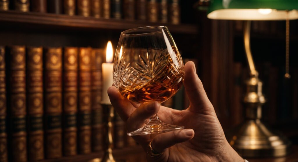 Mão masculina segurando uma taça de cristal lapidado com cognac premium em uma biblioteca clássica iluminada por velas, representando a elegância da degustação no Lifestyle Reserve.