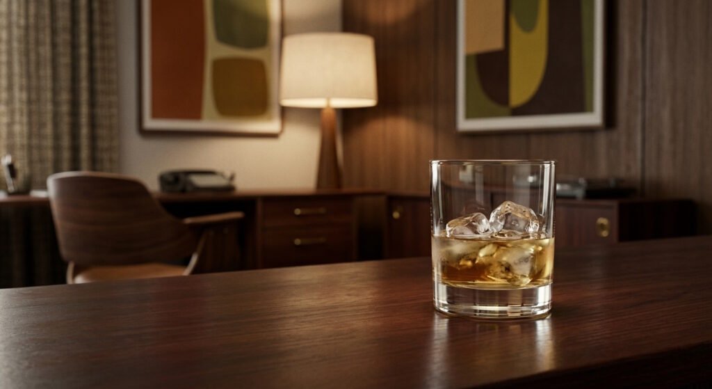 Copo de Canadian Whisky com gelo em um escritório clássico inspirado no estilo de Don Draper em Mad Men.