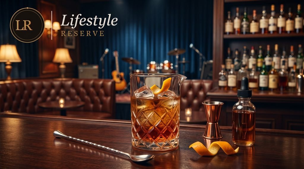 Mixing glass de cristal com coquetel clássico, gelo e casca de laranja sobre um balcão de madeira polida. Ao lado, uma colher bailarina, um dosador jigger de cobre e um frasco conta-gotas de bitter. No canto superior esquerdo está o logotipo do Lifestyle Reserve. Ao fundo desfocado, um lounge sofisticado com sofás de couro e um palco com instrumentos musicais, refletindo a atmosfera elegante da alta coquetelaria.
