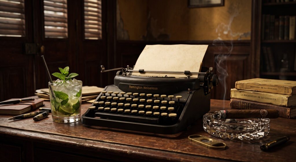 Coquetel Mojito ao lado de uma máquina de escrever vintage e um charuto cubano, ilustrando a lenda de Ernest Hemingway.