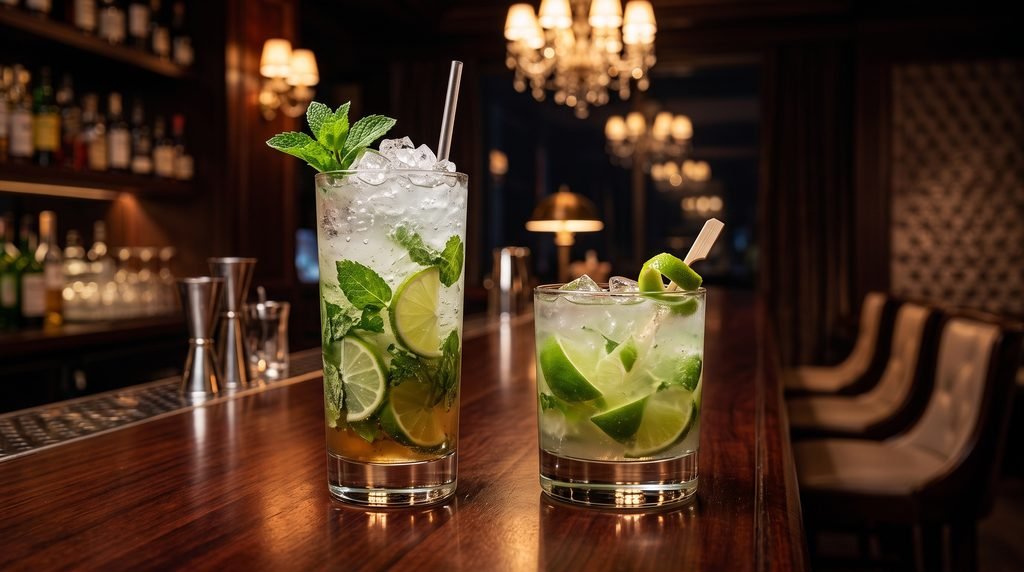 Coquetéis Mojito e Caipirinha lado a lado no balcão de um bar, representando a versatilidade do rum e cachaça.