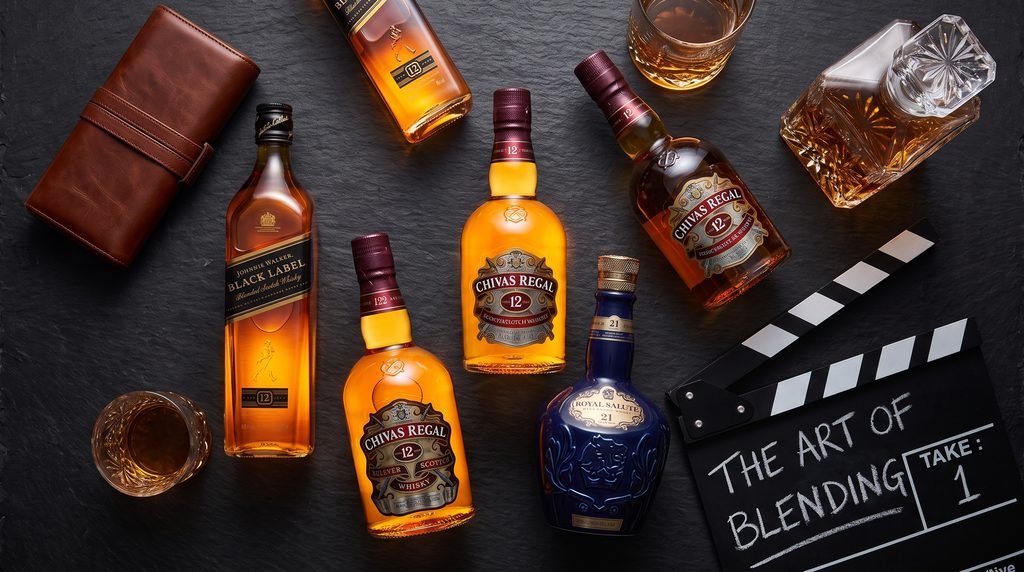 Composição luxuosa com garrafas de whiskies escoceses clássicos, destacando a elegância dos blends.