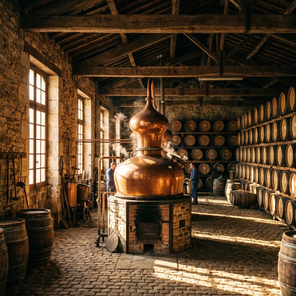 Interior de uma destilaria rústica tradicional com grandes alambiques de cobre soltando vapor e dezenas de barris de carvalho, ilustrando o processo de produção e envelhecimento do cognac no Lifestyle Reserve.
