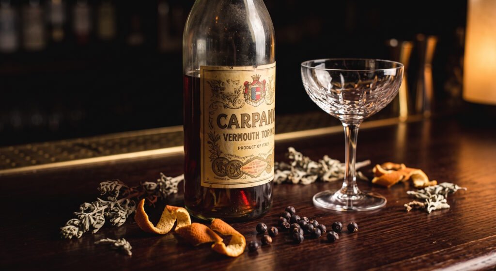 Garrafa vintage de Vermute Carpano Torino ao lado de uma taça coupe de cristal, cercada por botânicos, zimbro e cascas de laranja sobre um balcão rústico de madeira, ilustrando os ingredientes da alta coquetelaria no Lifestyle Reserve.