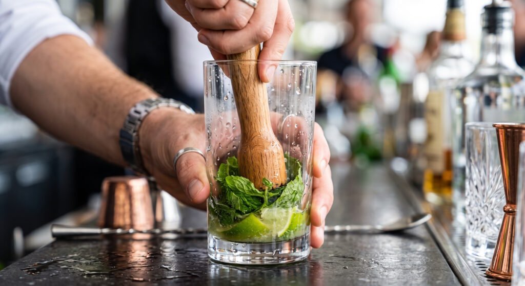 Bartender usando um muddler de madeira para extrair suavemente os óleos da hortelã no preparo do Mojito perfeito.