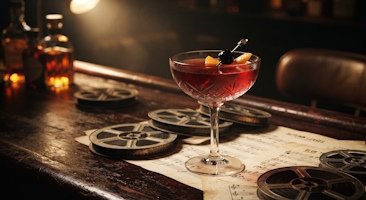 Coquetel clássico em taça coupe sobre rolos de filme e partituras musicais, simbolizando a união de cinema e coquetelaria no Lifestyle Reserve.
