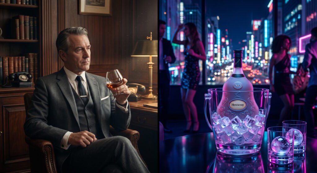 Imagem dividida ilustrando as eras do cognac: à esquerda, um cavalheiro clássico degustando a bebida em uma biblioteca; à direita, uma garrafa de Hennessy XO no gelo em um ambiente moderno de neon, no Lifestyle Reserve.