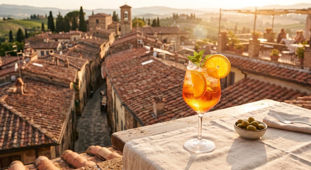 Taça de Aperol Spritz em um terraço na Itália, representando o lado amargo e sofisticado da coquetelaria no Lifestyle Reserve.