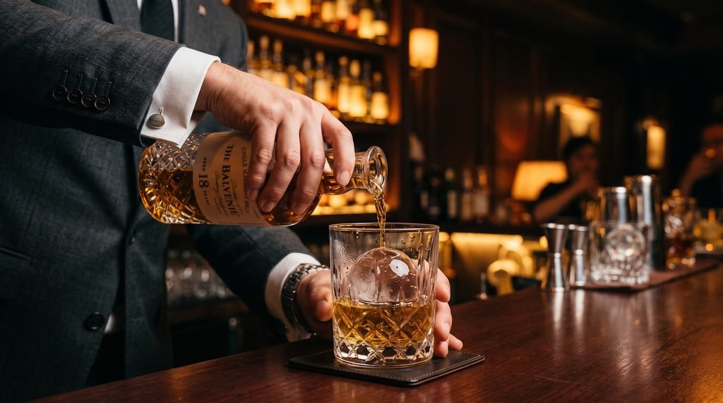 Bartender de terno servindo whisky em um copo de cristal, ilustrando a alta coquetelaria em casa.