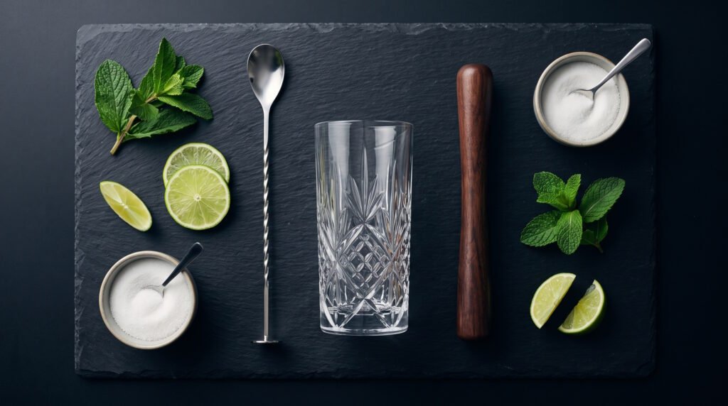 Utensílios de bar profissional, como copo highball, muddler e colher bailarina, ao lado de ingredientes frescos para Mojito.