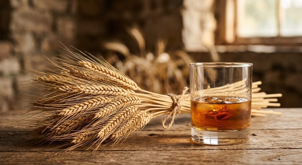 Copo de Canadian Whisky ao lado de feixes de centeio sobre uma mesa rústica de madeira.