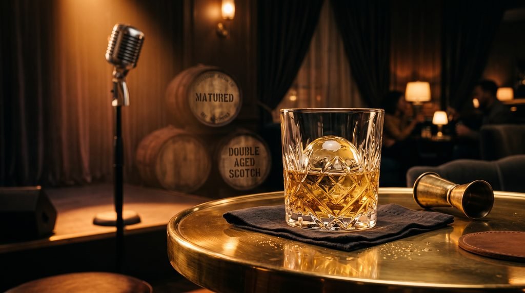 Copo de whisky escocês em um lounge elegante, representando o requinte e o duplo envelhecimento dos whiskies mais populares.