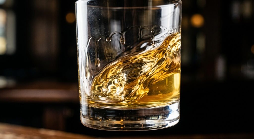 Close-up mostrando a suavidade e a leveza do Canadian Whisky girando dentro de um copo de cristal.