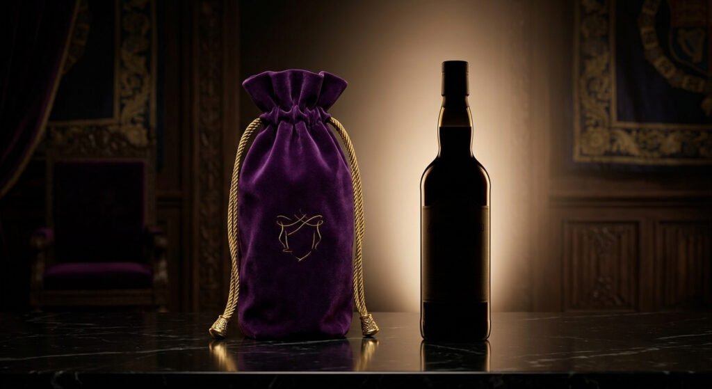 Garrafa escura ao lado da icônica sacola de veludo roxo do Crown Royal, um presente da realeza e clássico do Canadian Whisky.