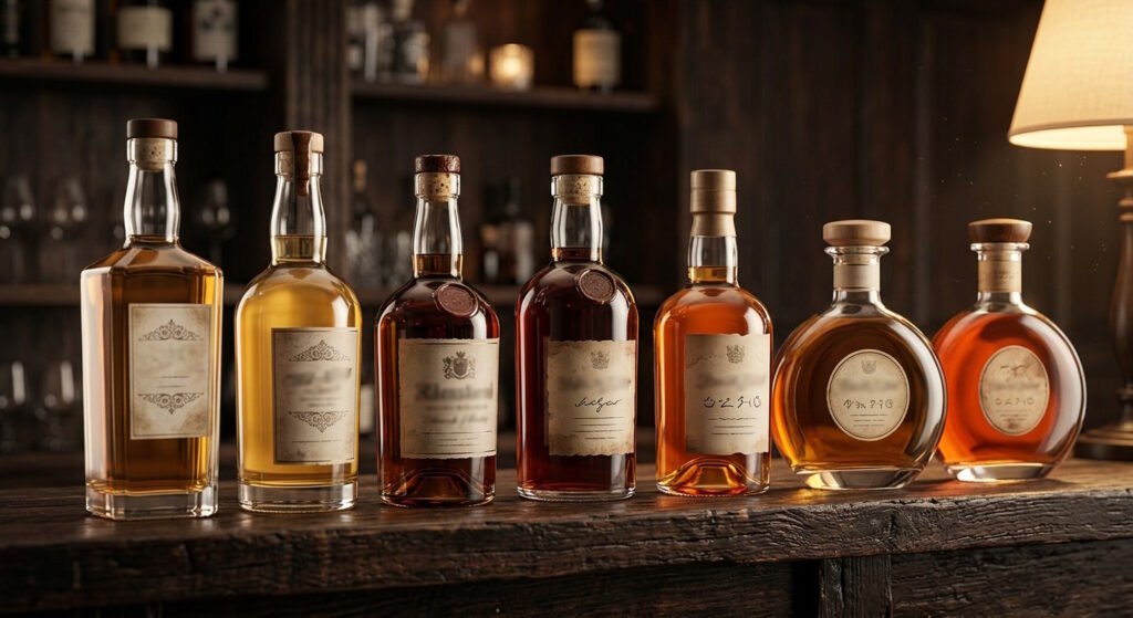 Coleção com diferentes rótulos clássicos e essenciais de Canadian Whisky alinhados em um balcão de madeira.