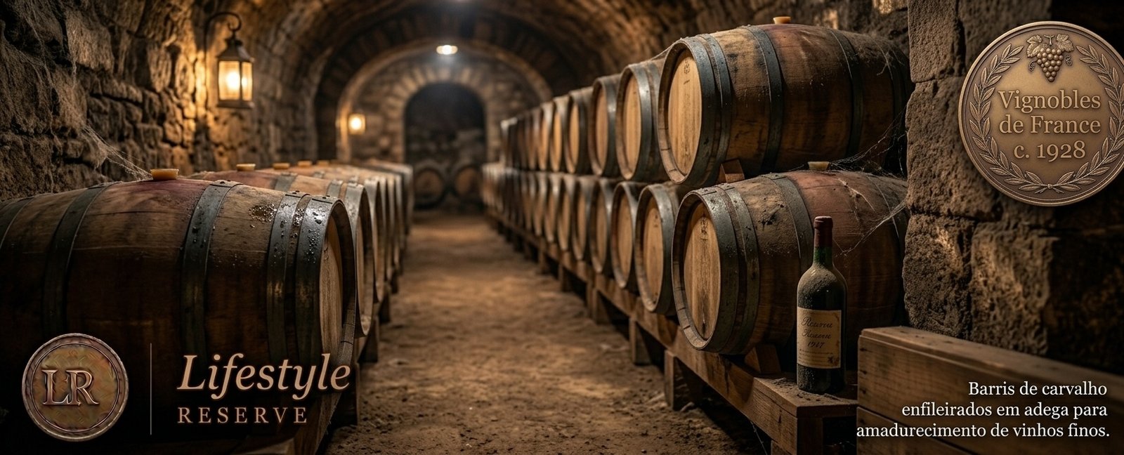 Barris de carvalho enfileirados em adega para amadurecimento de vinhos finos