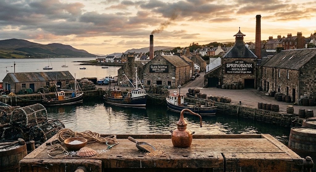 Uma fotografia cênica do porto de Campbeltown na Escócia durante o pôr do sol. Em primeiro plano, uma bancada de madeira rústica com cevada e um pequeno alambique de cobre. Ao fundo, as históricas destilarias de Glen Scotia e Springbank, com barcos de pesca ancorados na água sob um céu dourado.