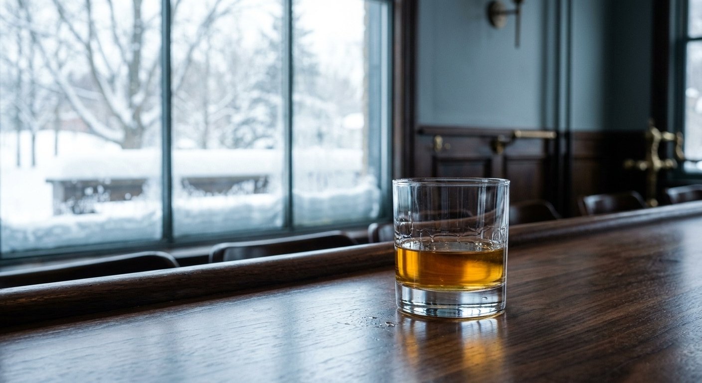 Copo de whisky canadense em janela com paisagem de inverno