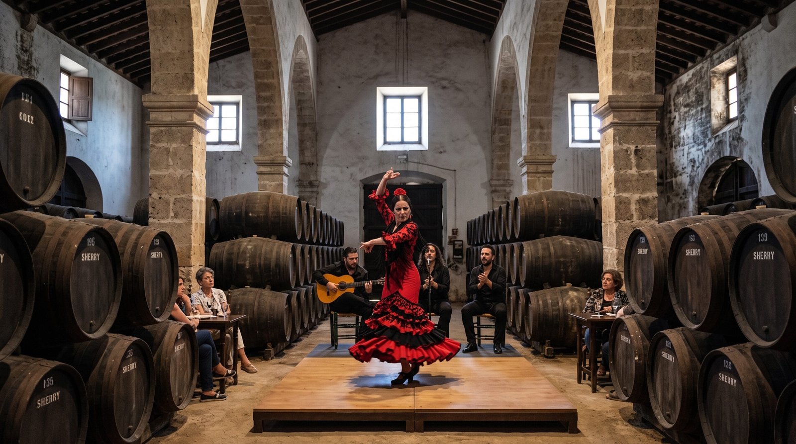 Dançarina de flamenco se apresentando dentro de bodega histórica de Sherry em Jerez