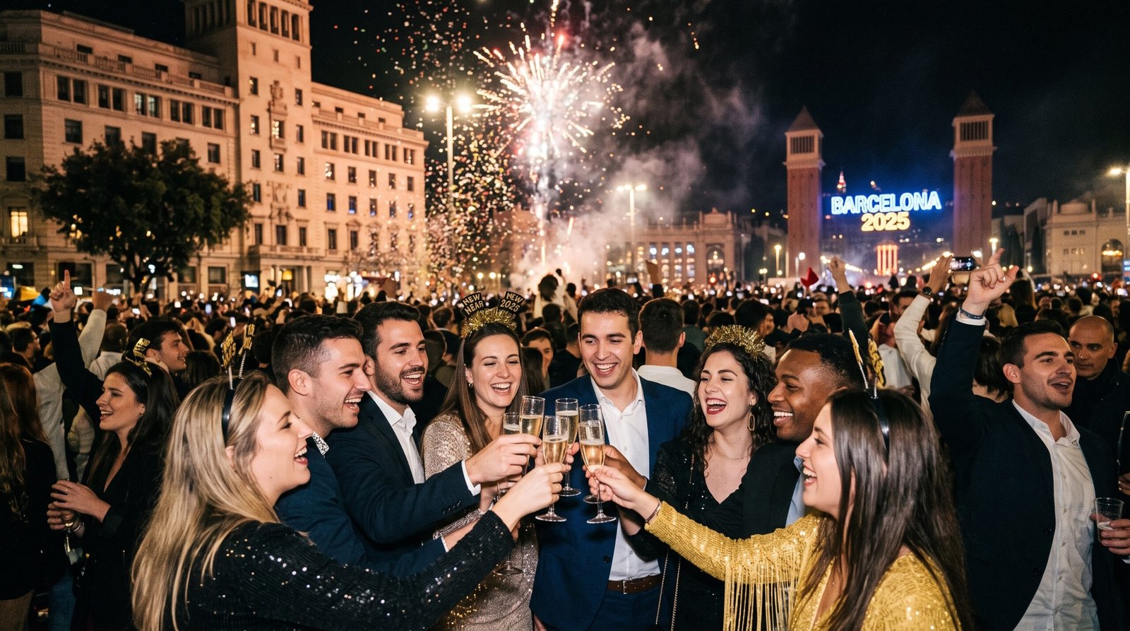 Grupo comemorando a virada de Ano Novo erguendo taças de Cava em Barcelona