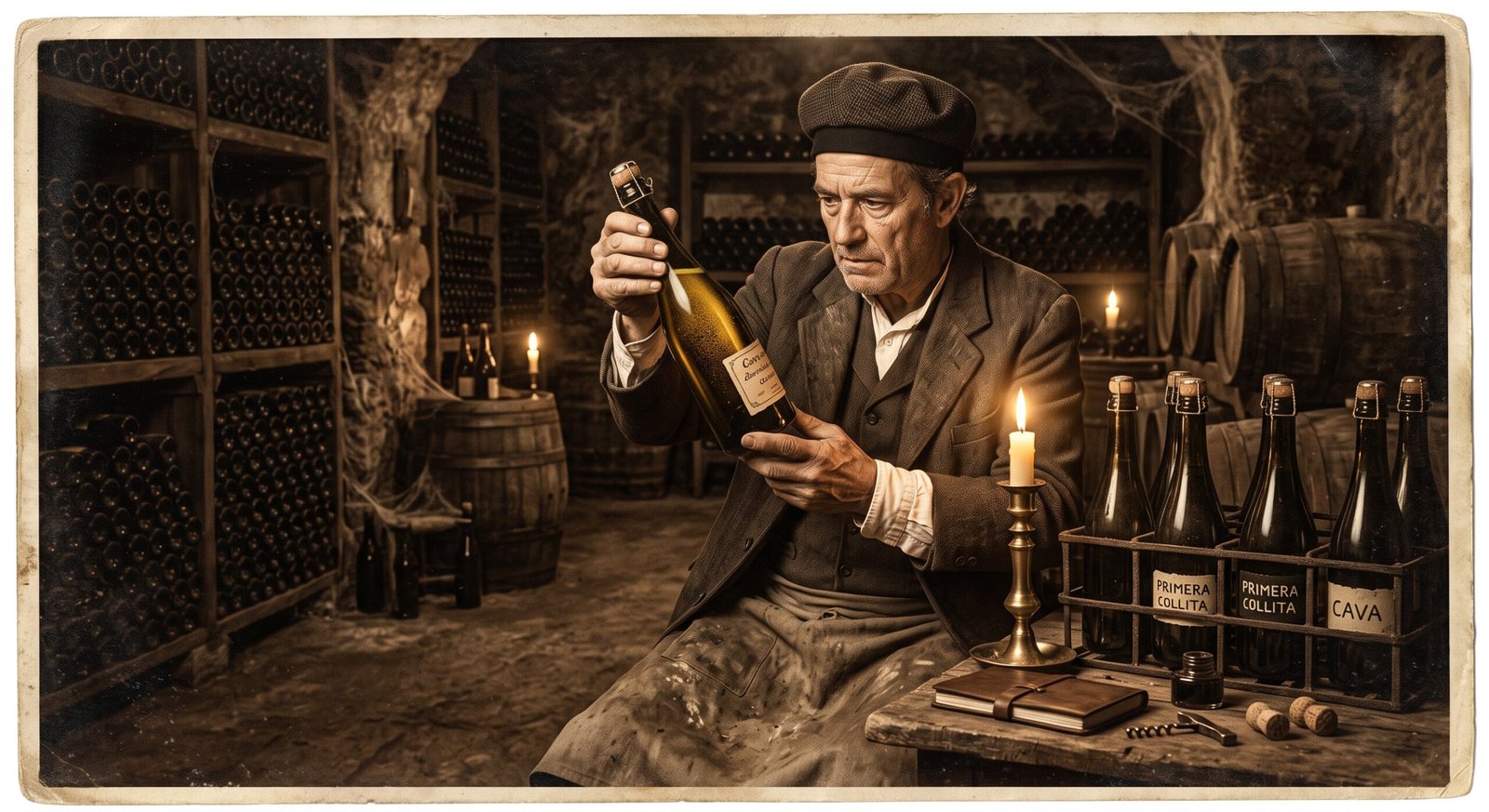 Ilustração histórica de produtor catalão do século XIX examinando as primeiras garrafas de Cava em adega nos vinhos da Espanha