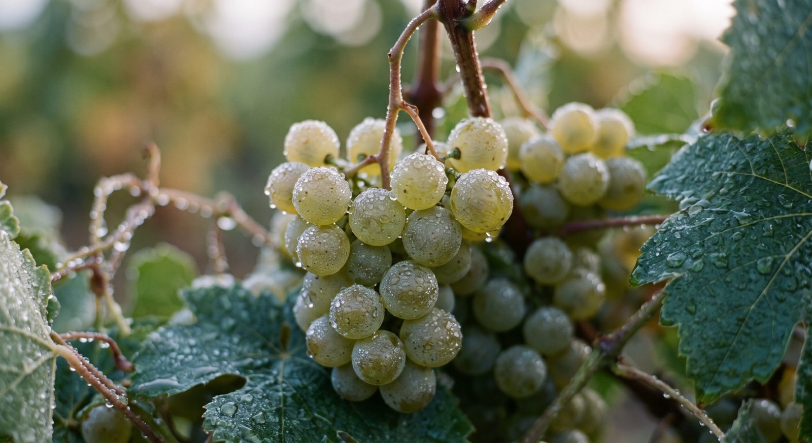 Close-up de uvas brancas Chardonnay na videira com gotas de orvalho da manhã nos vinhos da França