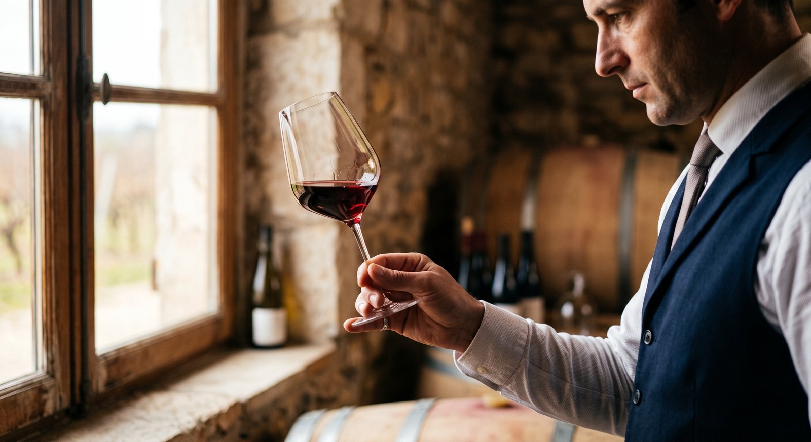Sommelier Segurando Taça de Vinho Tinto Pinot Noir