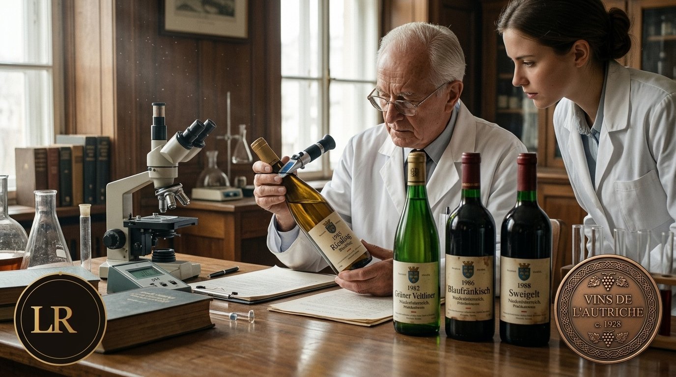 Garrafas de vinho austríaco dos anos 1980 sendo investigadas durante fiscalização de qualidade nos vinhos da Áustria