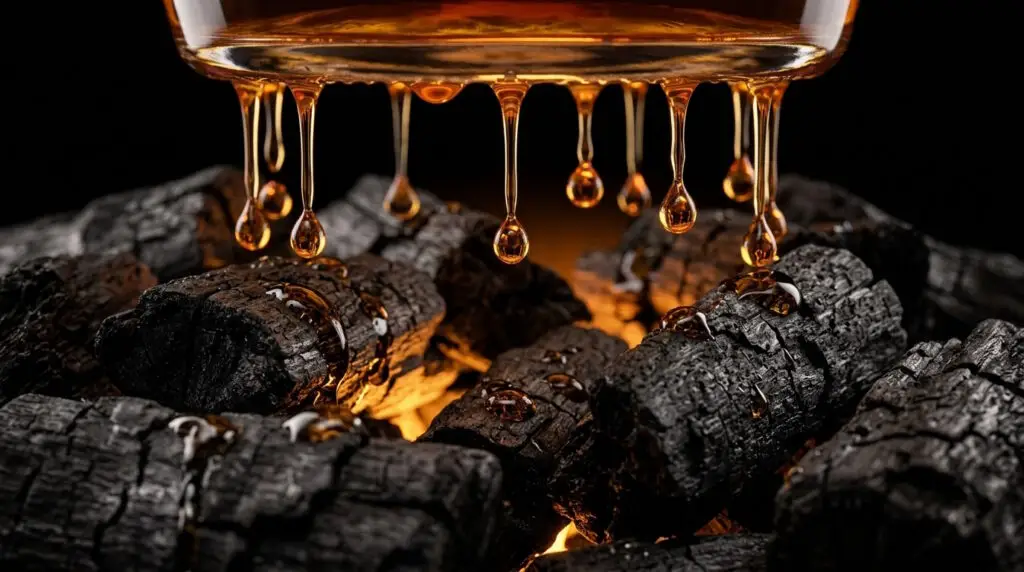 Processo artesanal de filtragem do whiskey americano através de carvão de madeira, ilustrando a pureza e a alquimia da destilação no Lifestyle Reserve.
