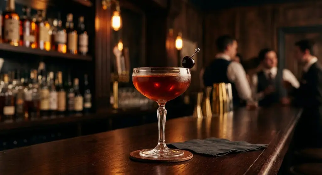 Coquetel clássico com whiskey americano e cereja sobre um balcão de madeira polida em um bar sofisticado e acolhedor, no Lifestyle Reserve.