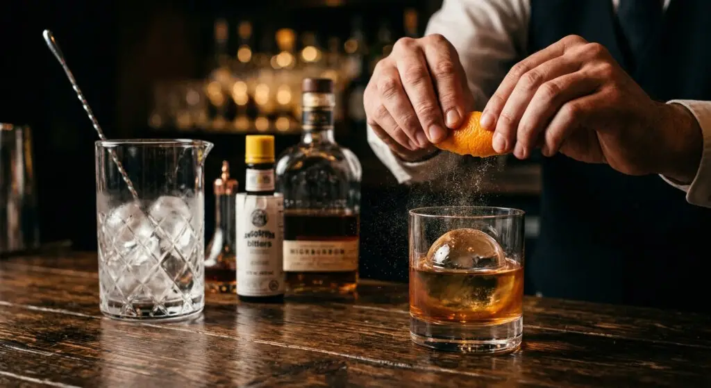 Bartender finalizando um drink com casca de laranja sobre um copo de whiskey americano com gelo esférico em um balcão rústico de madeira, no Lifestyle Reserve.