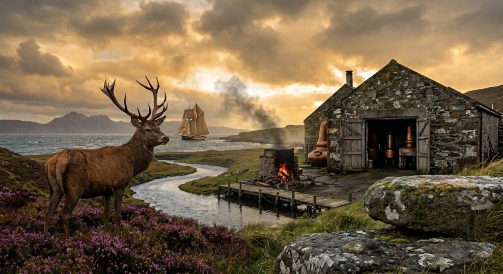 Uma foto paisagística dramática e evocativa da Escócia ao pôr do sol. No primeiro plano, à esquerda, um majestoso cervo-vermelho (stag) com galhadas imponentes está em pé no meio da urze roxa. À direita, uma destilaria de uísque tradicional de pedra rústica com alambiques de cobre visíveis dentro da porta aberta e fumaça de uma fornalha externa. Um rio sinuoso flui em direção a uma baía costeira com um veleiro histórico ancorado, com montanhas imponentes no horizonte sob um céu nublado e dourado.