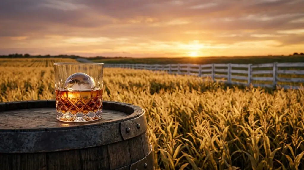 Copo de cristal com whiskey americano e gelo esférico sobre um barril de carvalho em um campo de grãos no pôr do sol, no Lifestyle Reserve.