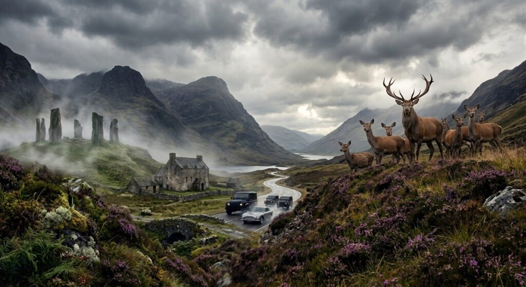 Uma vista cinematográfica e dramaticamente editada das Highlands escocesas, misturando elementos de ação e mistério. No topo de uma colina coberta de urze roxa, um rebanho de cervos, liderado por um grande stag-real macho com galhadas imponentes, observa um vale nublado. Abaixo, ao longo de uma estrada sinuosa, um comboio de três jipes pretos e um clássico prateado que dirigem em direção ao fundo do vale. Uma antiga casa de fazenda de pedra está localizada no vale perto da estrada. Em uma colina oposta, à esquerda, um antigo círculo de pedras de pé emerge da neblina sob montanhas íngremes e um céu dramaticamente nublado. A imagem evoca uma sensação de fuga, mistério e ação, como os Whiskys daquela região.