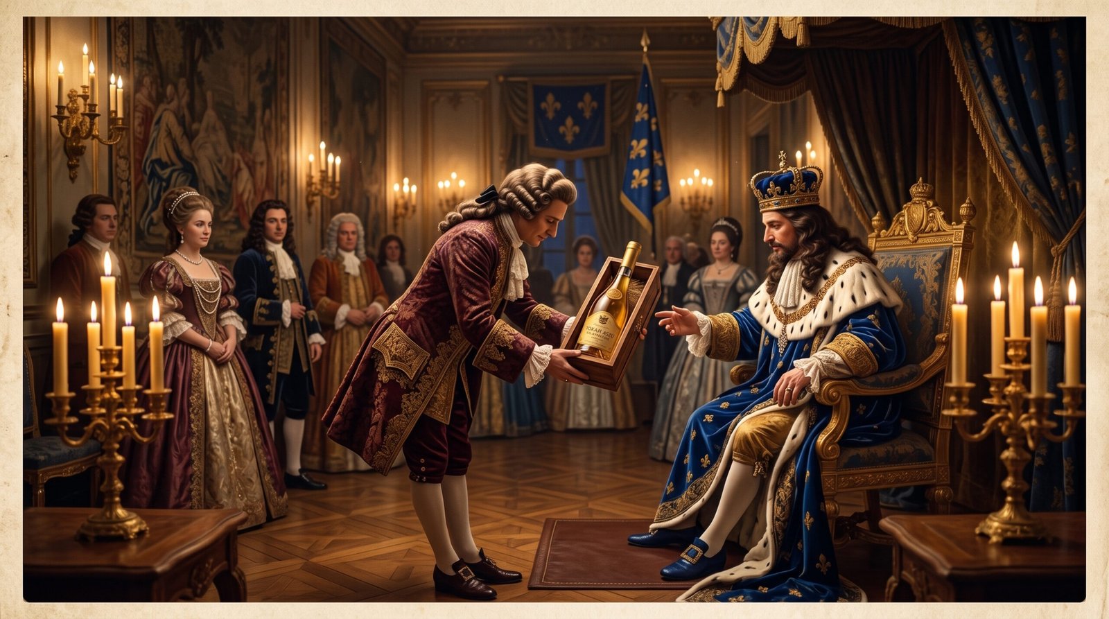 Ilustração histórica de cena de corte real francesa em que um nobre apresenta uma garrafa dourada de Tokaji ao rei nos vinhos da Hungria