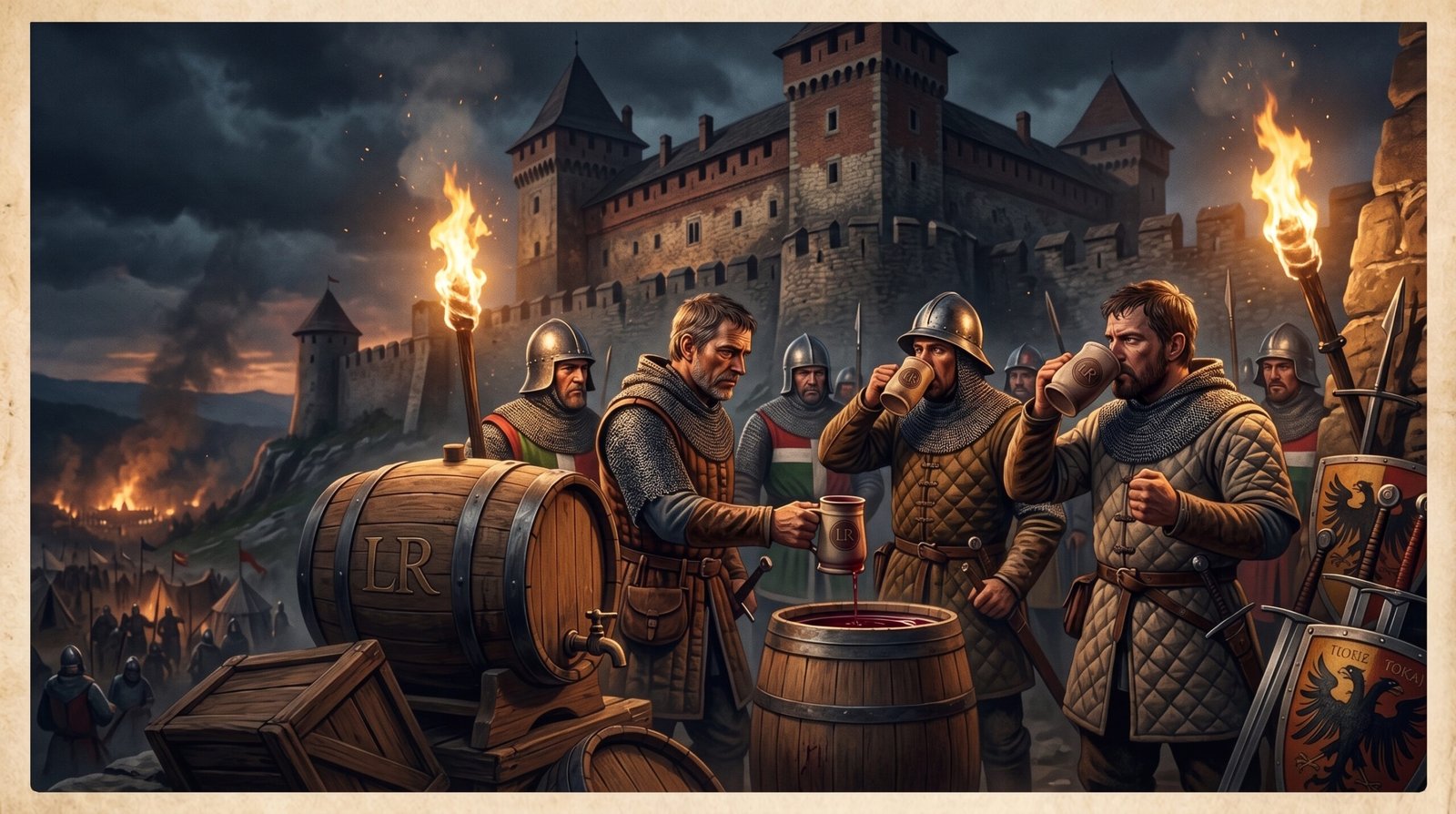 Ilustração histórica dramática do cerco a um castelo húngaro medieval com soldados bebendo vinho tinto antes da batalha