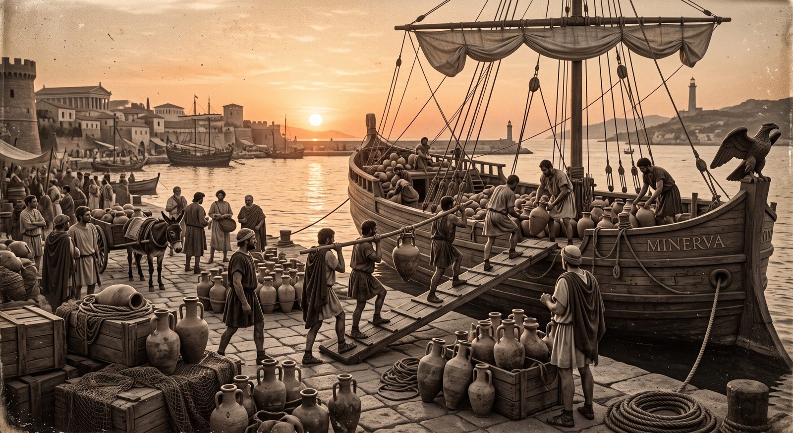 Ilustração histórica de ânforas romanas antigas sendo carregadas em navio de comércio nos vinhos da Itália