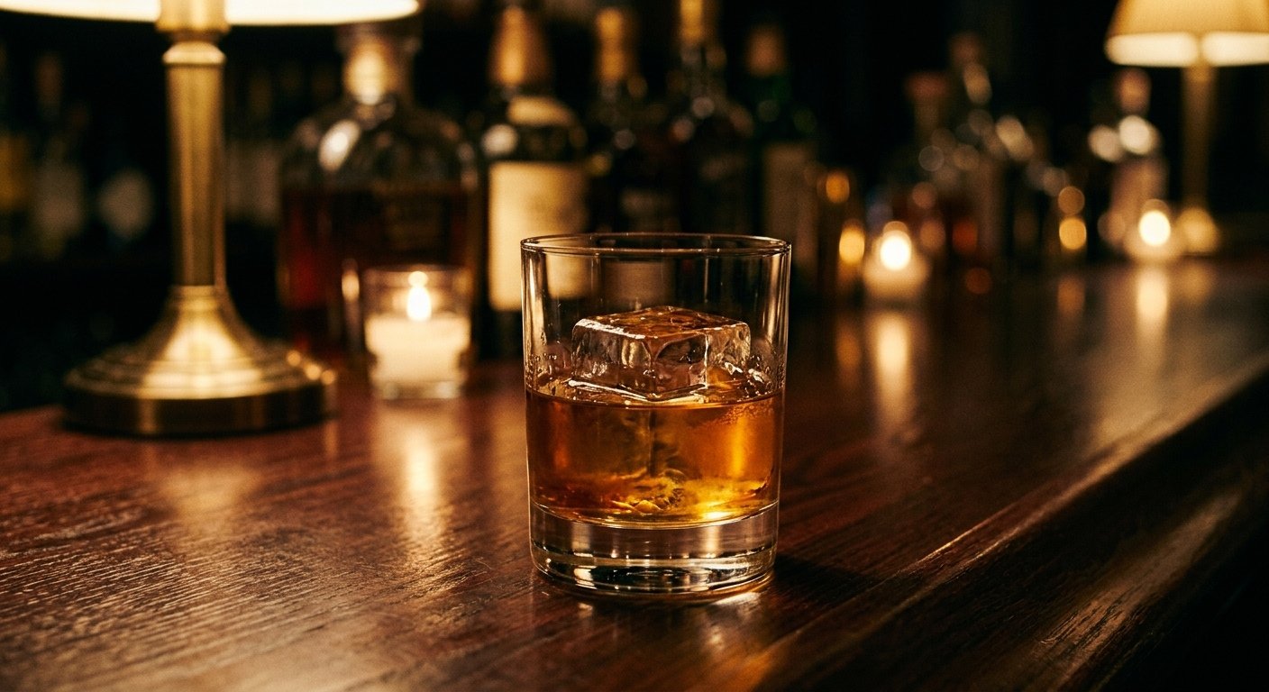 Copos de cristal com whisky sobre balcão de madeira rústica