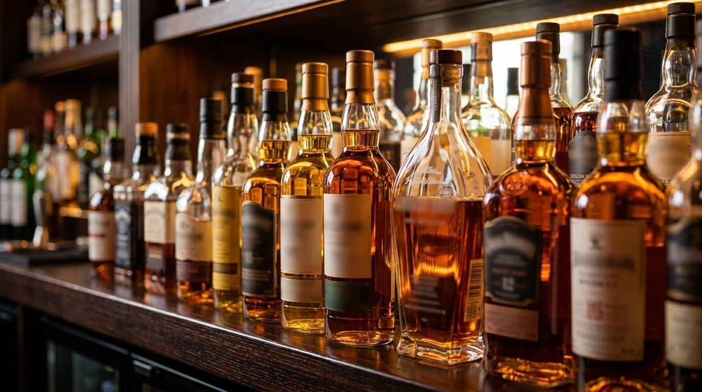 Garrafas de whisky premium iluminadas em prateleiras
