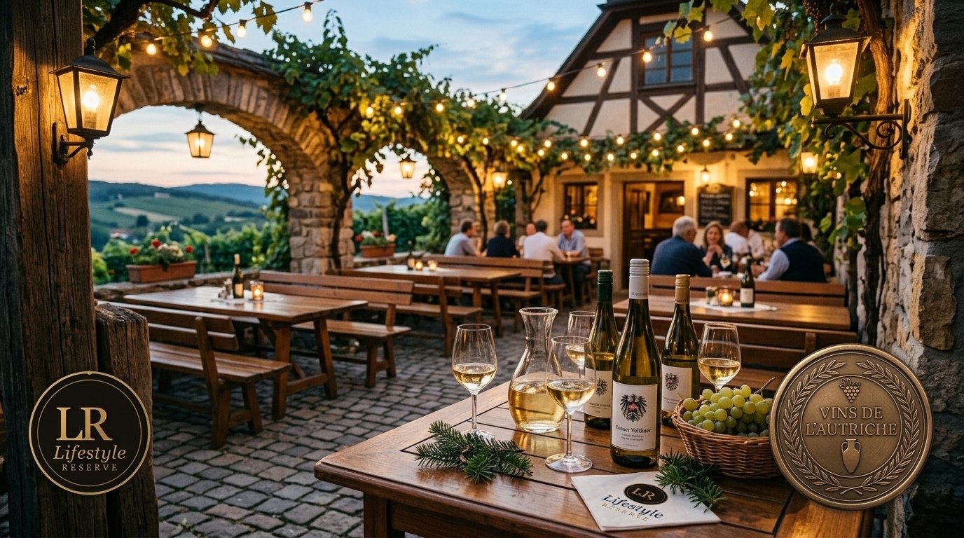 Pátio de taverna vienense tradicional heuriger ao entardecer com luzes e taças de vinho branco