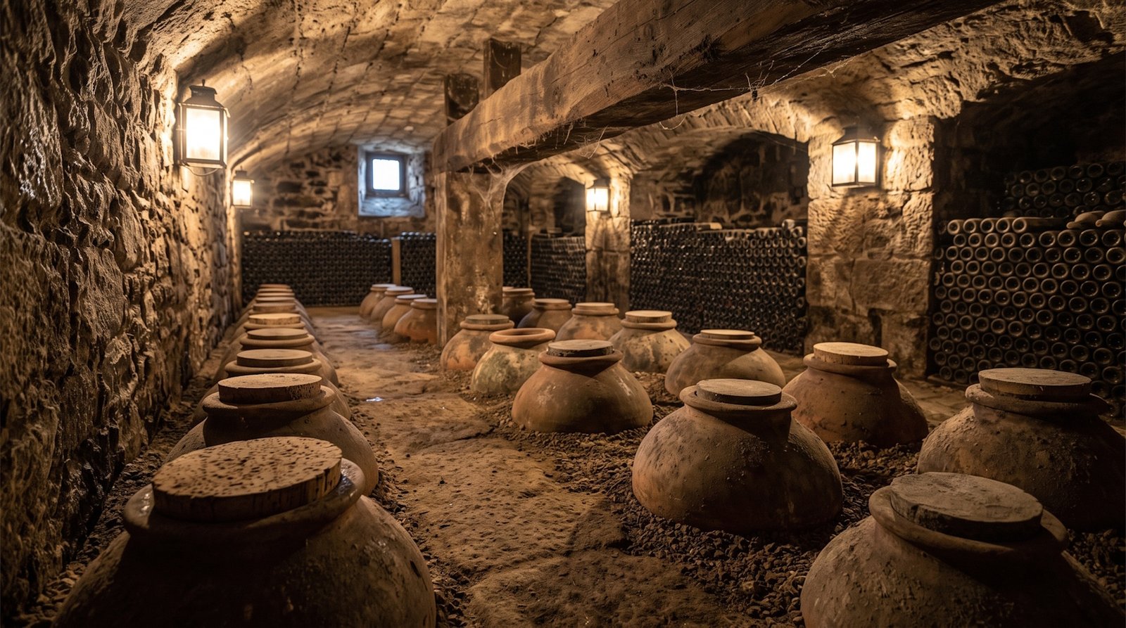 Potes de barro rústicos enterrados em adega de pedra para fermentação de vinhos